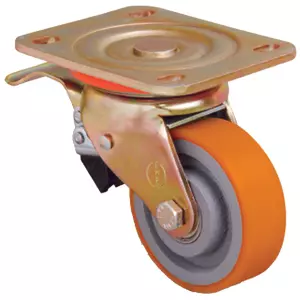 Полиуретановое колесо поворотное с с тормозом VB 80 мм, 200 кг (обод - чугун, шарикоподшипник)