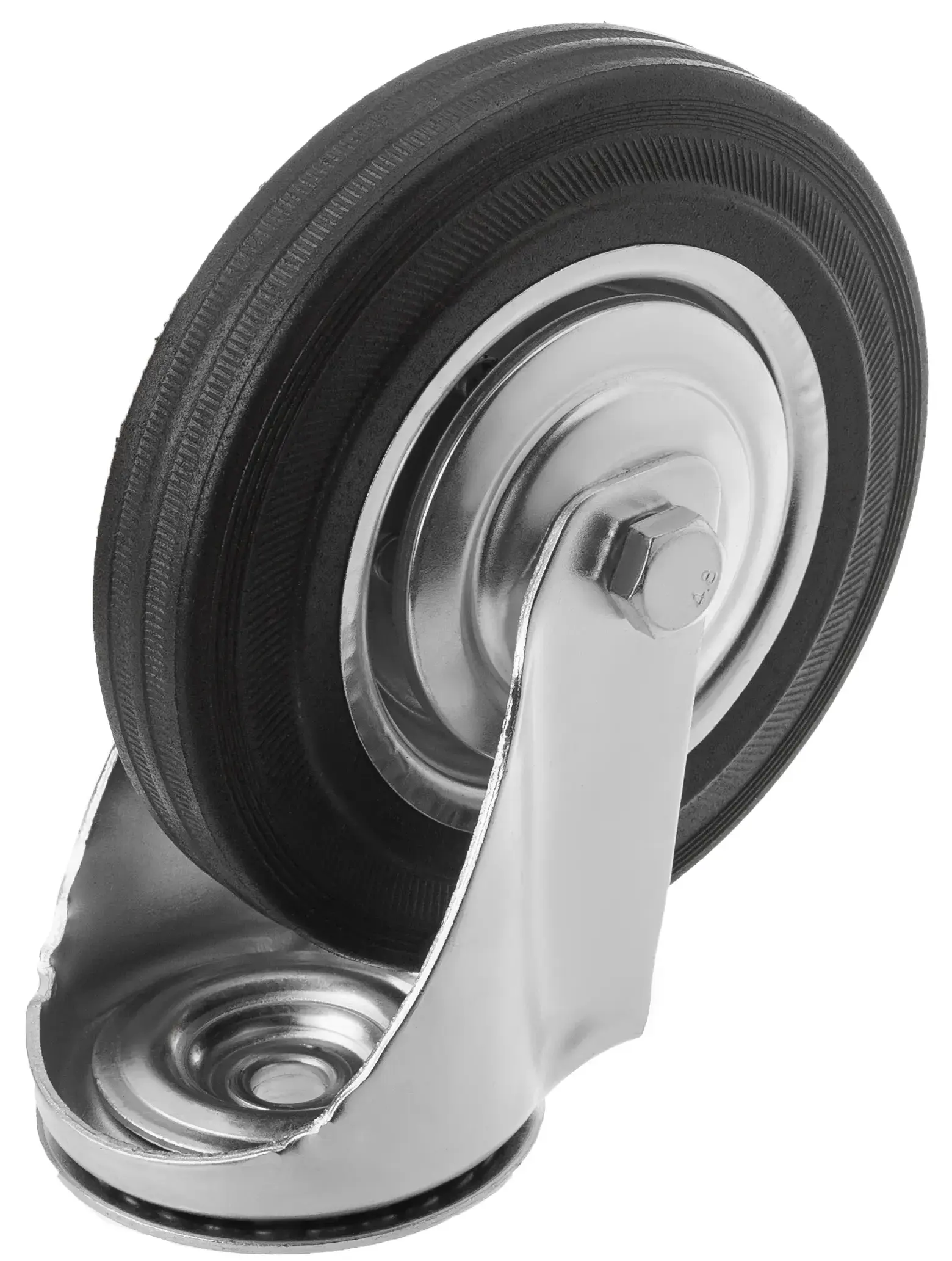 Промышленное колесо, диаметр 160мм, крепление под болт 16 мм, поворотная опора, черная резина, роликовый подшипник - SCh 63 (16)