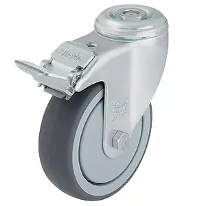 Аппаратное колесо для покупательских тележек 150 мм (под болт, поворотное, с тормозом, полиурет., пласт. обод)