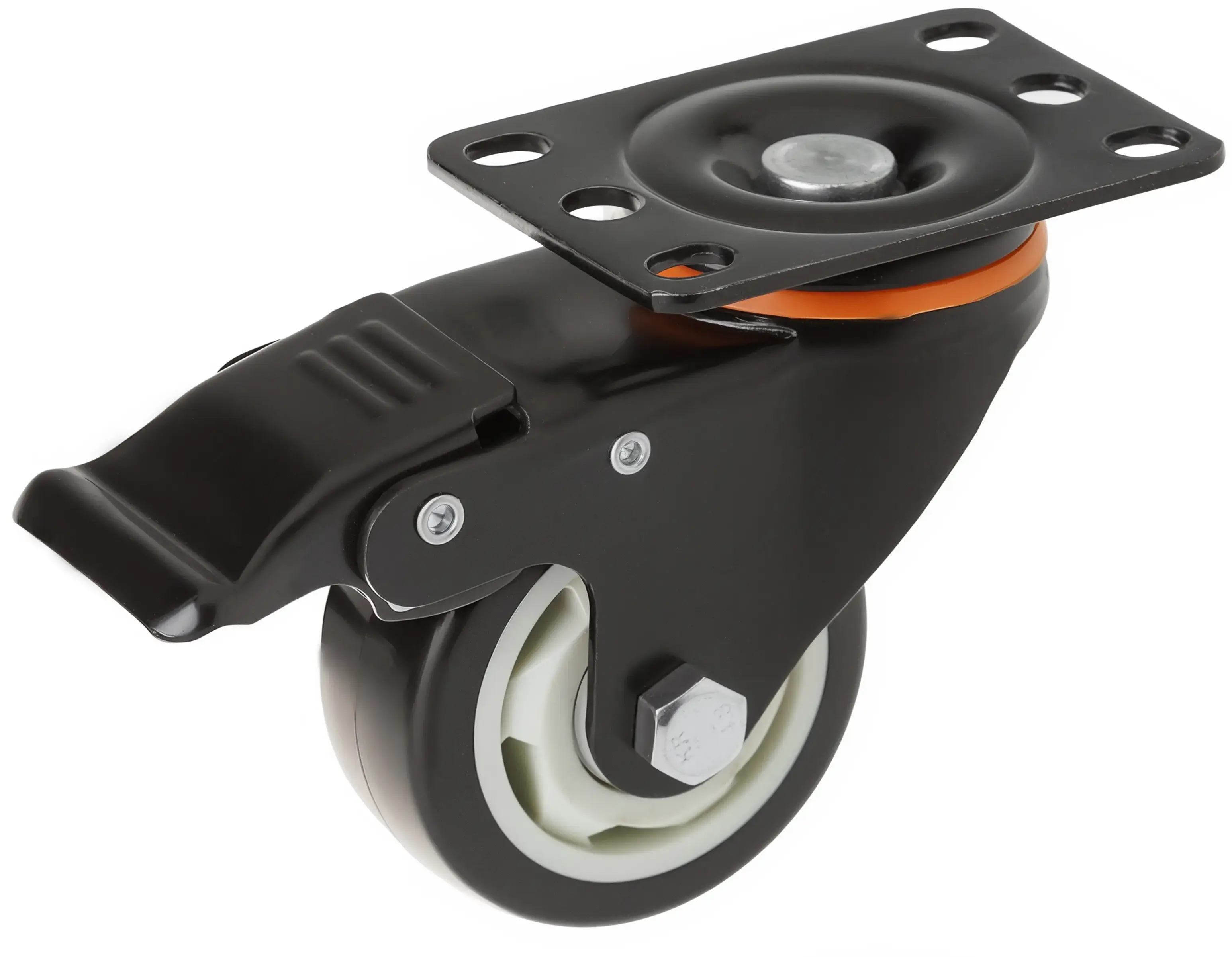 Полиуретановое черное колесо 75 мм (поворотная площадка, тормоз,полипропиленовый обод, двойной шарикоподшипник) - 35075Sb