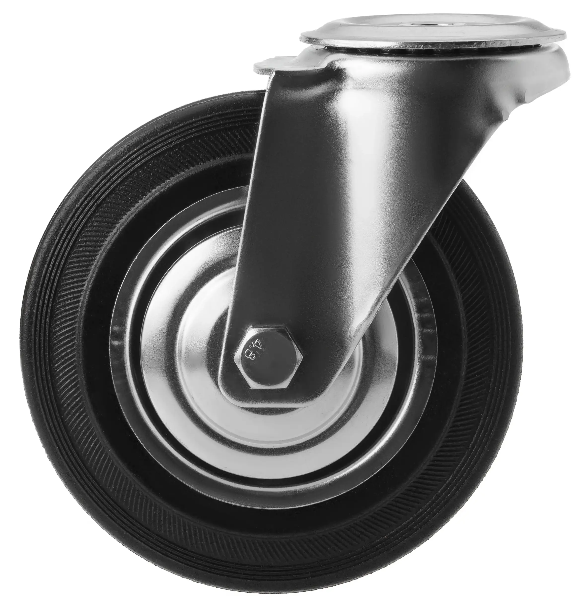 Промышленное колесо, диаметр 160мм, крепление под болт 16 мм, поворотная опора, черная резина, роликовый подшипник - SCh 63 (16)